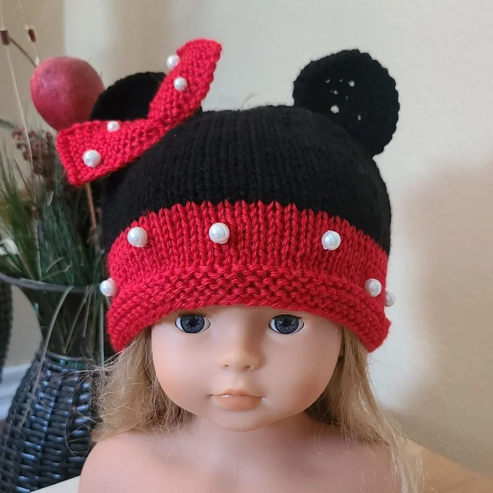 Minnie Mouse inspired Baby Infant Girl Knit Hat Red Black Size 3-6 M Photo Prop